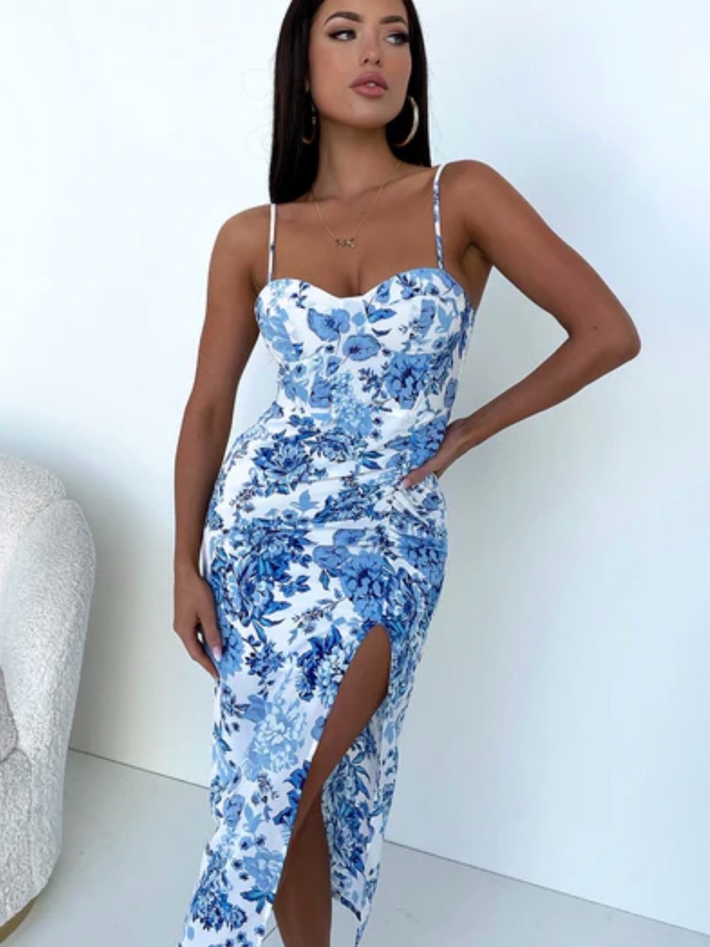 That’s So Fetch Astra Blue Floral Midi Dress | Sweetheart Slit Summer Dress